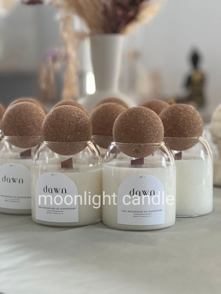 شمع شات شیشه ای moonlight دکوری و هدیه با درب چوپ پنبه وارداتی گوی طرح پر طرفدار